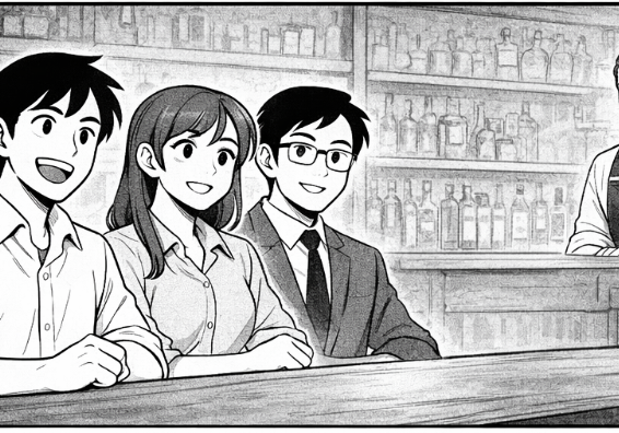 Mono, Hito and Koto sitting at a bar