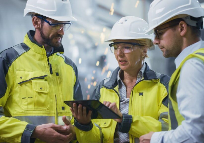 Three Heavy Industry Engineers Stand in Pipe Manufacturing Factory, Use Digital Tablet Computer, Have Discussion. Large Pipe Assembled. Design and Construction of Oil, Gas and Fuels Transport Pipeline